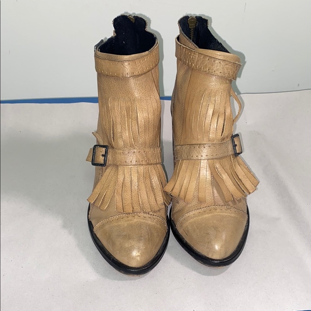 Free People Tan Fringe Ankle Booties with Buckle
